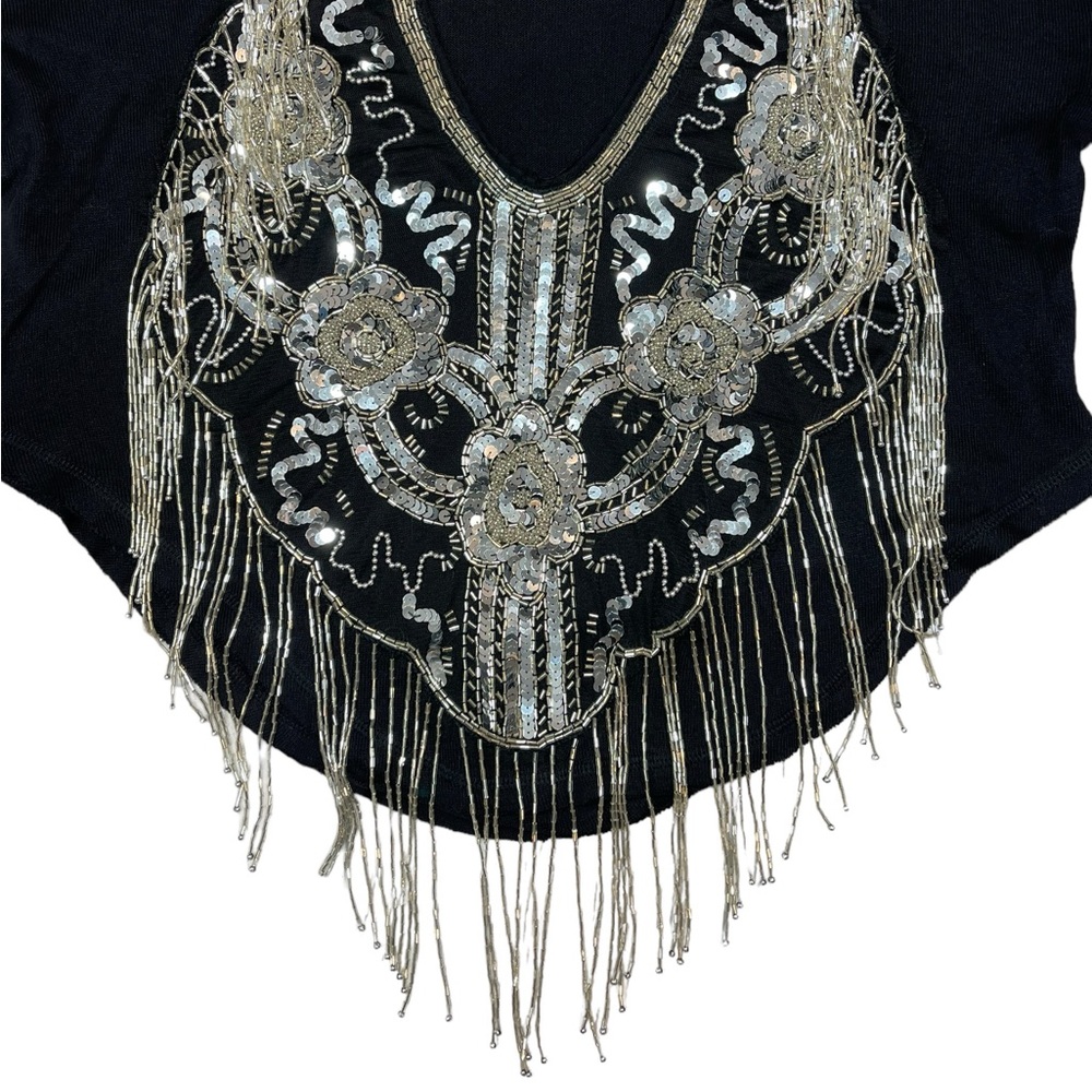 ⚡️SOLD⚡️Free People Mesh Sequin Beaded Fringe Black Long Sleeve Top - Picture 3 of 15